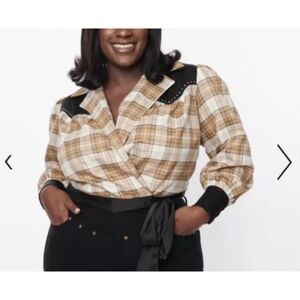 Unique Vintage Plus Size Brown Sparkle Plaid Western Wrap Crop Top 3X